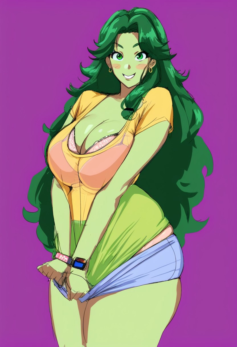 1girls ai_generated bunanza_ cosplay curvy curvy_body curvy_female curvy_figure green_skin lean_body marvel marvel_comics medium_breasts she-hulk shirt_pull solo t-shirt t-shirt_only tagme teenager