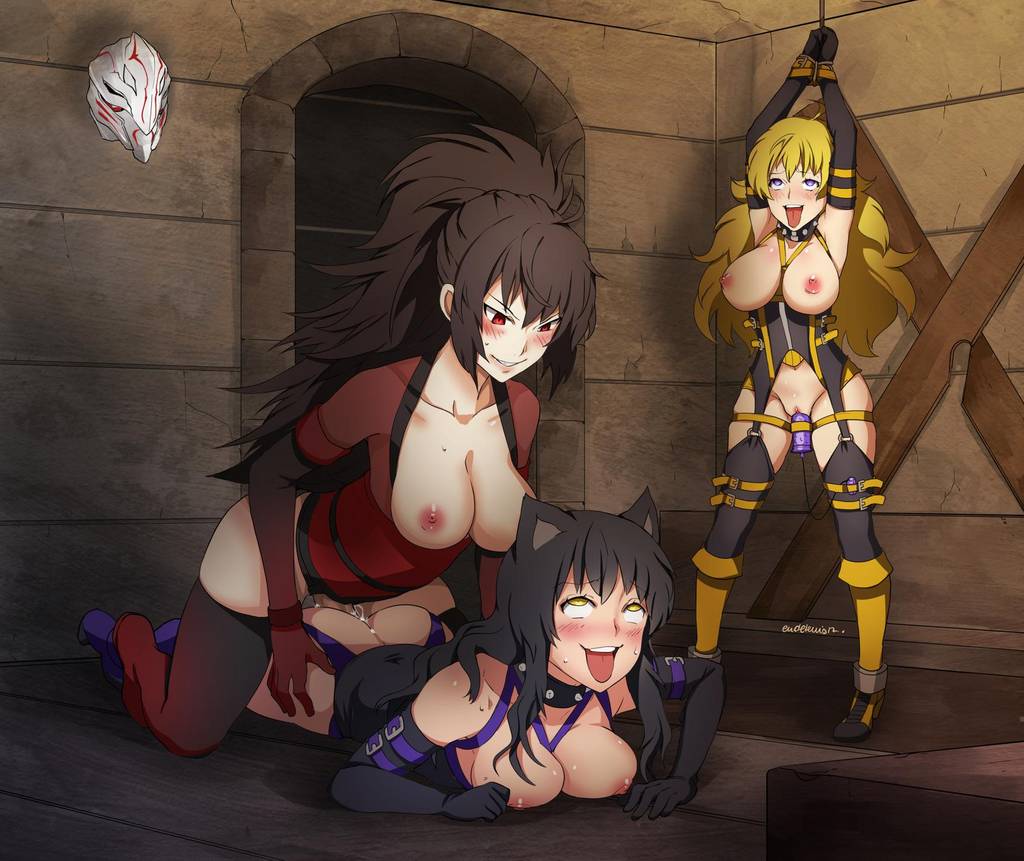 3girls, ahe gao, bdsm, bdsm collar, bdsm gear, bdsm harness, bdsm outfit, bdsm suit, black hair, blake belladonna, blonde hair, blush, bondage, bondage collar, bondage gear, bondage gloves, bondage outfit, bound, bound ankles, bound arms, bound hands, bound legs, bound wrists, cat ears, eudetenis, female, femsub, fucked silly, futa on female, futadom, futanari, intersex, multiple subs, nipples, purple eyes, raven branwen, red eyes, rwby, smile, tagme, tied arms, vibrator, yang xiao long, yellow eyes