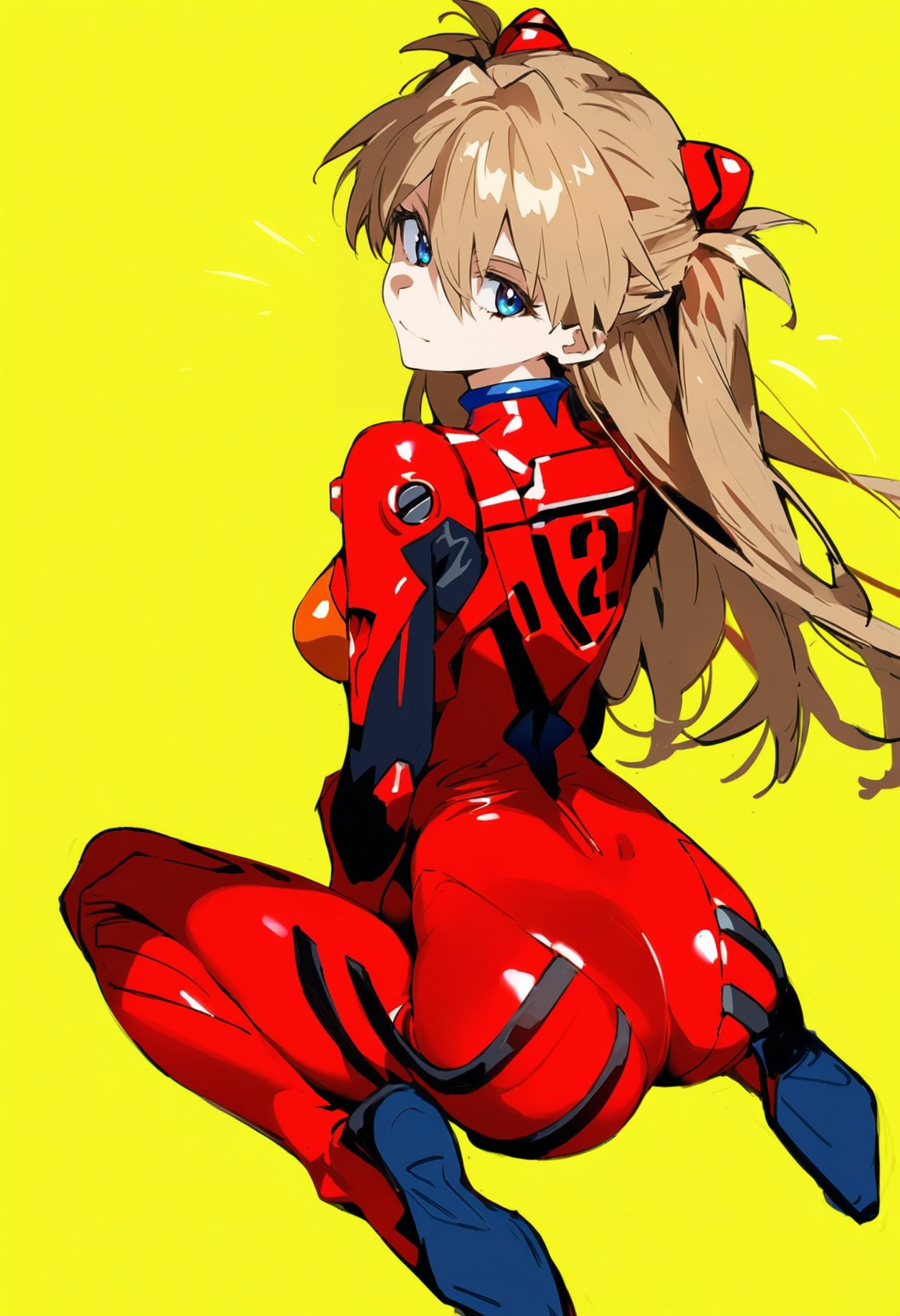 1girls ai_generated ass ass_focus asuka_langley_sohryu booty full_body kneeling looking_back medium_breasts neon_genesis_evangelion orange_hair plugsuit shoppy smile soles yellow_background