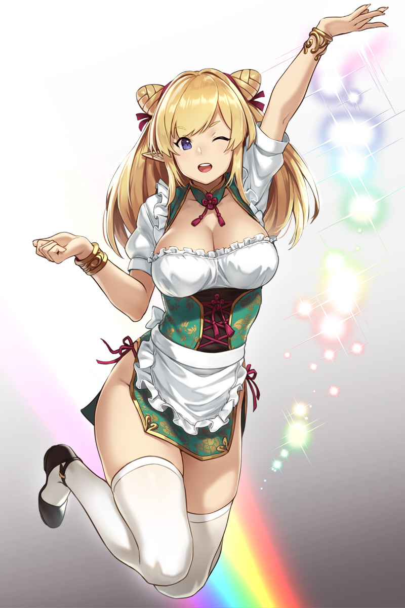 apron, bangs, blonde hair, bracelet, breasts, china dress, chinese clothes, cleavage, collarbone, double bun, dress, elf, female, female only, flats, full body, houtengeki, jewelry, jumping, large breasts, long hair, looking at viewer, mary janes, one eye closed, open mouth, original, pelvic curtain, pointy ears, puffy sleeves, purple eyes, rainbow, shoes, short dress, short sleeves, smile, solo, thighhighs, waist apron, white legwear, wink