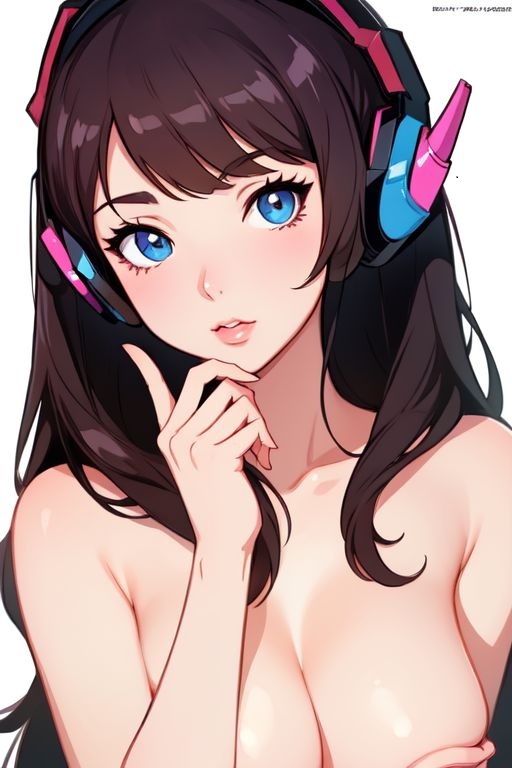 1girls ai ai_generated ai_hands blue_eyes brown_hair cleavage covered_nipples covering_breasts d.va female female_focus female_only headphones headshot_portrait light-skinned_female light_skin naked naked_female nude nude_female overwatch