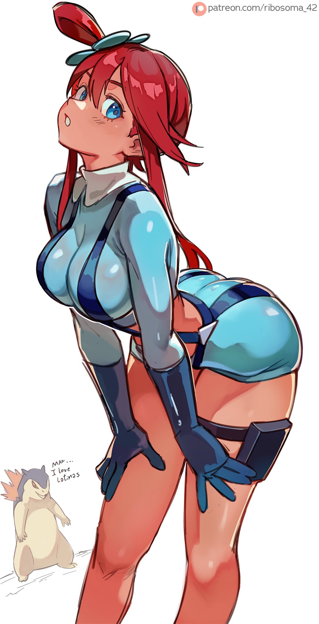 1boy 1girls 2024 2024_pokemon_teraleak ass big_ass big_thighs blue_eyes blush bodysuit breasts dialogue female imminent_sex latina long_hair looking_at_viewer male medium_breasts nintendo pokemon pokemon_(species) red_hair ribosoma_42 skyla_(pokemon) tagme text thick_hips thick_thighs thighs typhlosion