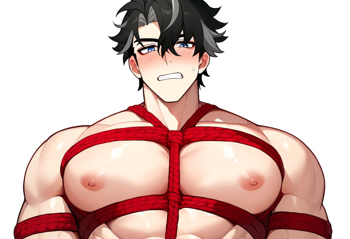 ai_assisted ai_generated bara bara_tiddies bara_tits big_butt big_pecs big_thighs gay genshin_impact male male/male male_only rope_harness wriothesley_(genshin_impact) wrioxwoof yaoi