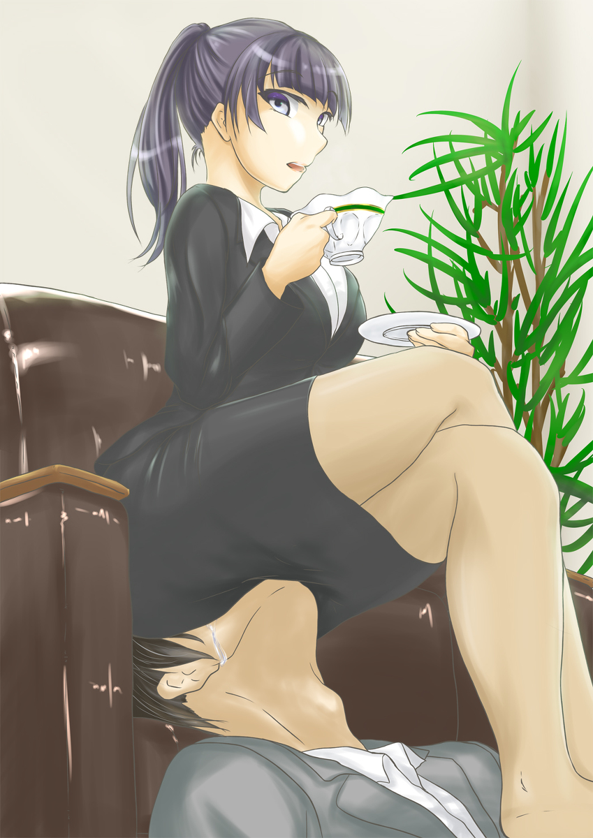 1boy, 1girls, asphyxiation, ass, ass sniffing, ass worship, black skirt, brutal, chair, couch, crying, cup, domination, female, femdom, furniture, human chair, human furniture, humiliation, legs crossed, long hair, male, office chair, office lady, ponytail, sadism, seat, seated, sexual objectification, sitting on face, sitting on person, skirt, smothering, sofa, submission, teacup, tears, tied hair