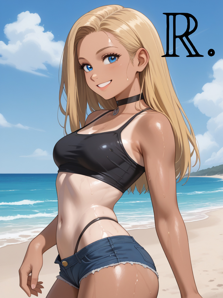 ai_generated ass big_ass big_thighs blonde_hair choker denim_shorts female realor side_view small_waist solo summer tan_body tanline