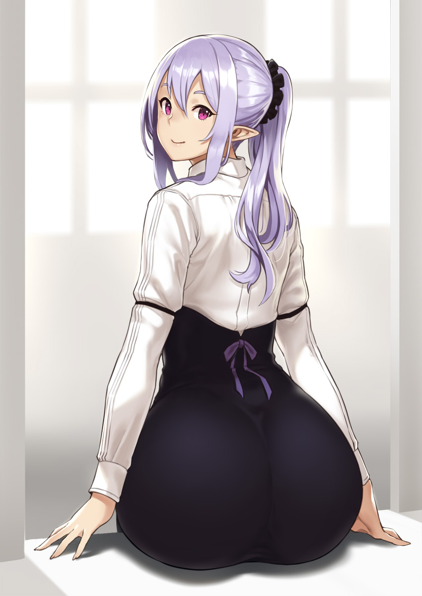 arm garter, ass, black skirt, elf, female, female only, from behind, hair between eyes, hair ornament, houtengeki, indoors, large ass, long hair, long sleeves, looking at viewer, looking back, original, pointy ears, ponytail, purple eyes, purple hair, scrunchie, shirt, sitting, skirt, smile, solo, tight skirt, wide hips