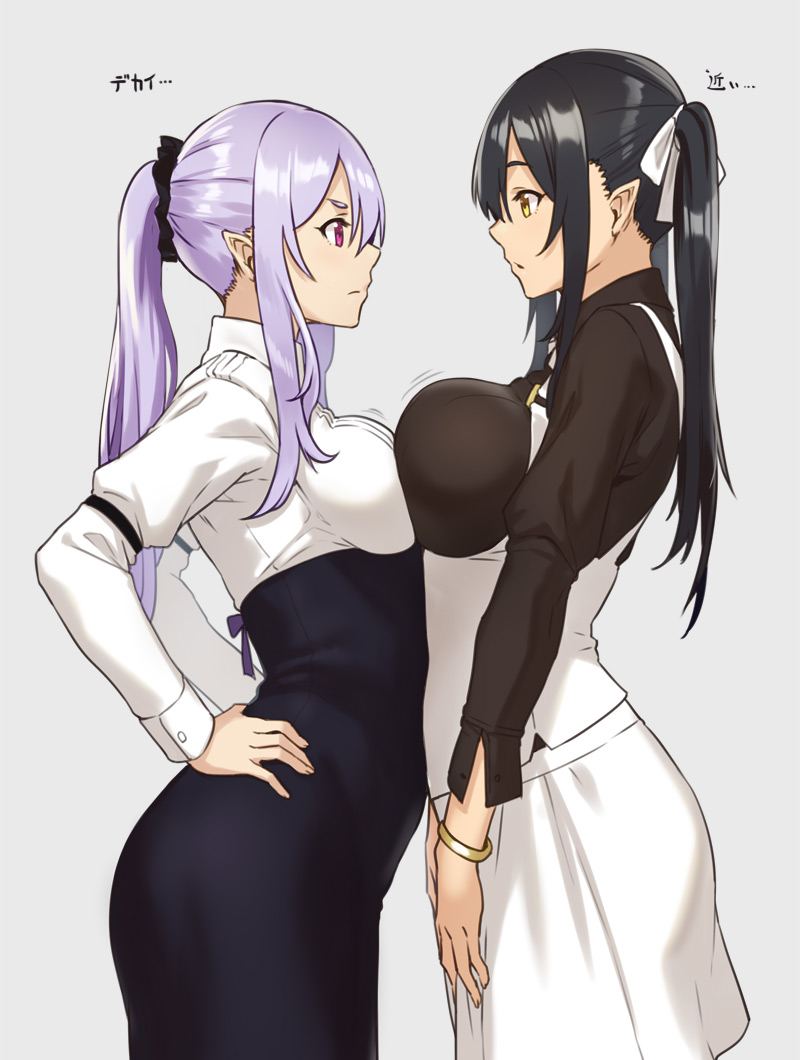 2girls, bangle, black hair, black shirt, black skirt, bouncing breasts, bracelet, breast press, breasts, collared shirt, elf, elf (houtengeki), eye contact, female, female only, from side, frown, hair ribbon, hand on hip, houtengeki, jewelry, large breasts, long sleeves, looking at another, medium breasts, multiple females, multiple girls, original, pink eyes, pink hair, pointy ears, ponytail, profile, ribbon, shirt, simple background, skirt, standing, twintails, white shirt, white skirt, wing collar, yellow eyes