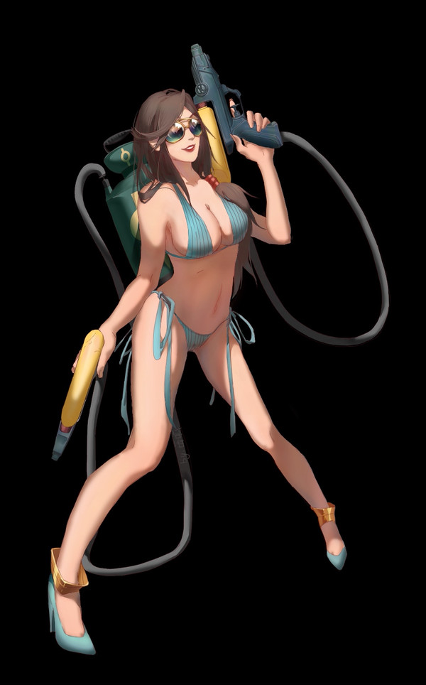 bikini cleavage female female_only high_heels human skye_(vainglory) solo sunglasses vainglory water_gun