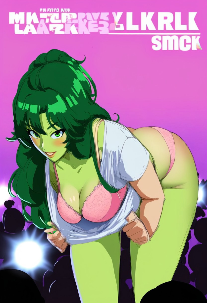 1girls ai_generated ai_text bunanza_ cosplay curvy curvy_body curvy_female curvy_figure fan_meet green_skin jennifer_walters lean_body marvel marvel_comics medium_breasts mutate_(marvel) poster sexy sexy_pose she-hulk shirt_pull solo t-shirt t-shirt_only tagme teenager