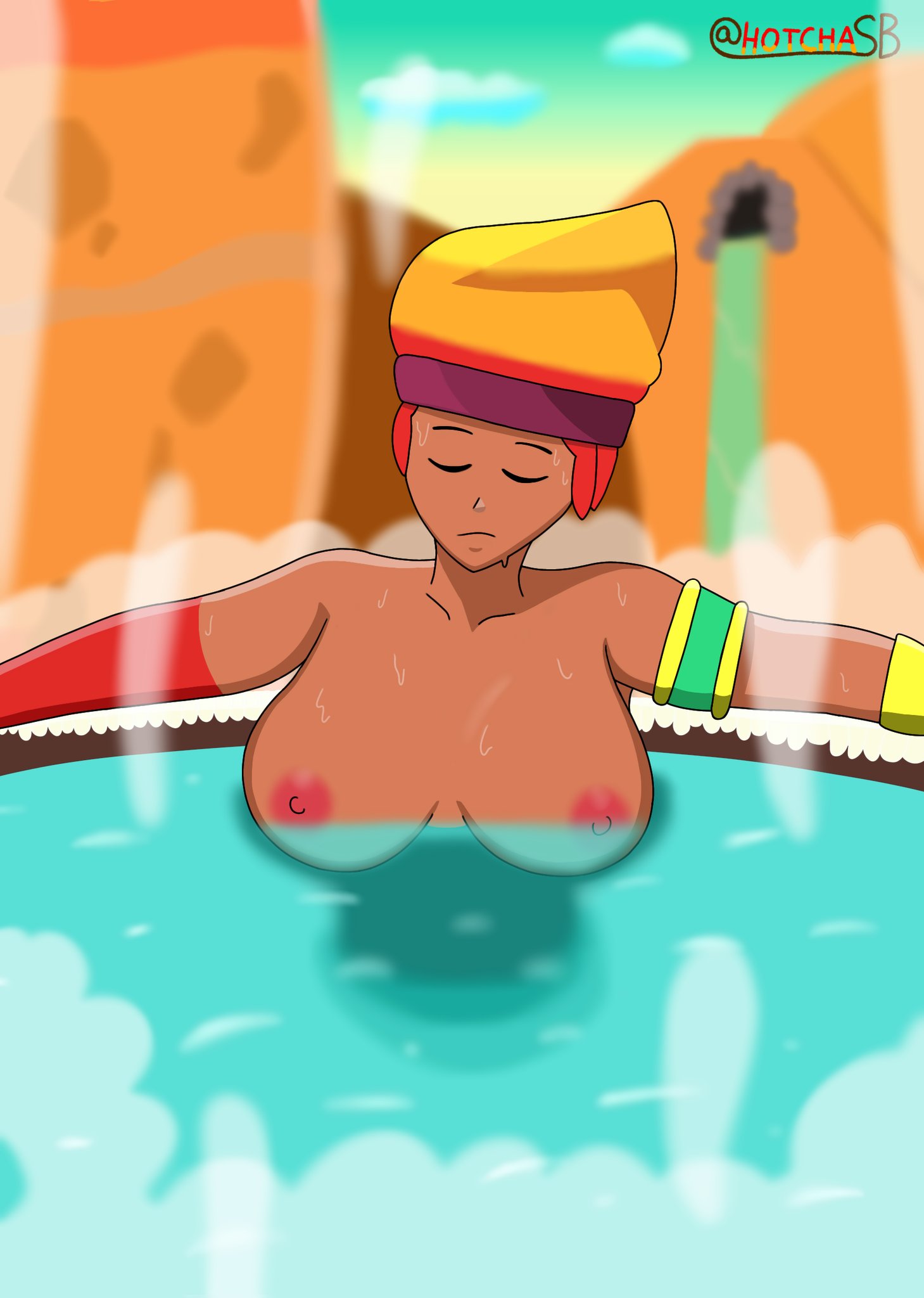 amber_(brawl_stars) artist_request brawl_stars hot_spring large_breasts nude outdoors relaxing steam supercell sweat tagme