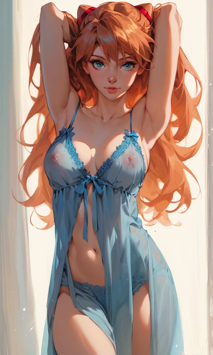 1girls ai_generated asuka_langley_sohryu blue_eyes blue_negligee breasts covered_nipples female long_hair medium_breasts negligee neon_genesis_evangelion nipples red_hair self_upload spare163