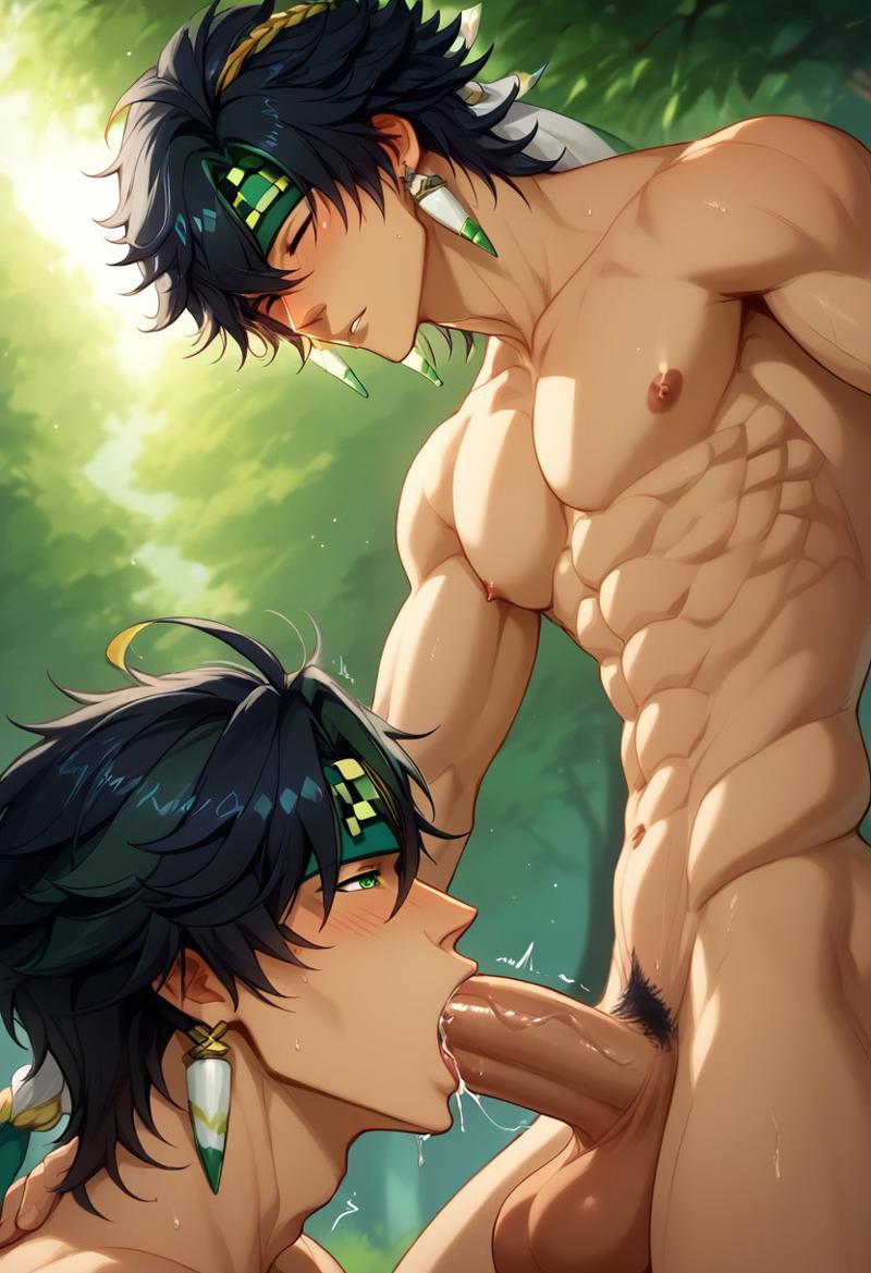 abs ai_generated balls biceps big_balls big_penis black_hair blowjob blush closed_eyes deepthroat ejaculation erection forest gay genshin_impact green_eyes jewelry kinich_(genshin_impact) male male/male male_only muscular muscular_male nature nature_background nipples nude_male outdoors pecs penis penis_in_mouth selfcest toned_body toned_male twall97