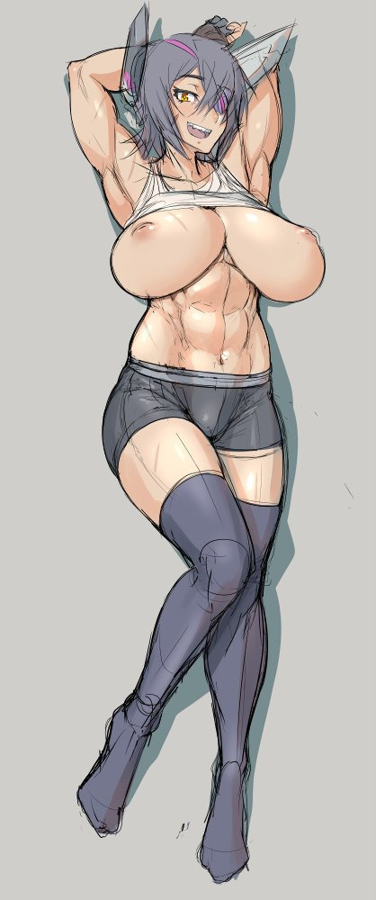 10s abs bike_shorts breasts commentary eyepatch female kantai_collection large_breasts mikoyan muscle muscular_female nipples puffy_nipples sharp_teeth sketch teeth tenryuu_(kantai_collection) thighhighs zettai_ryouiki