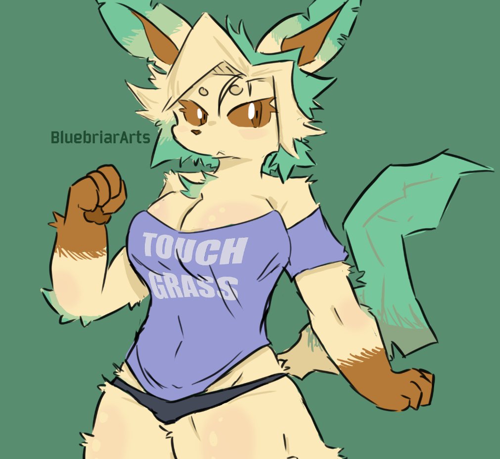 1girls anthro bluebriararts blush breasts cleavage clothed clothing ear eeveelution eyebrows eyelashes eyes female female_focus female_only fur furry generation_4_pokemon hair leaf leafeon panties pok&eacute;mon_(species) pokemon pokemon_(species) pokemon_dppt tail underwear