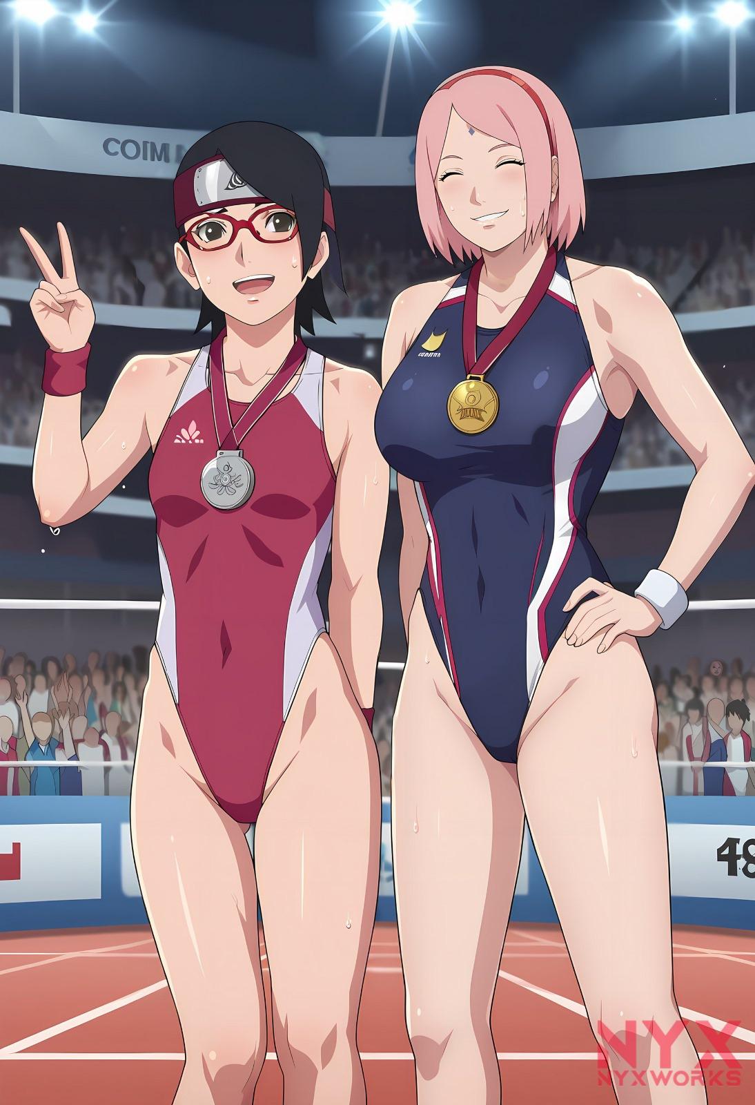 2girls ai_generated athletic athletic_female black_eyes black_hair blush boruto:_naruto_next_generations bracelet breasts clothing competition competition_swimsuit crowd daughter day embarrassed exposed_breasts eyewear facial_mark female female_only forehead_mark forehead_protector glasses green_eyes grin hand_on_another's_shoulder headwear high_resolution jewelry konohagakure_symbol large_breasts legwear leotard looking_at_viewer medal medium_breasts mother mother_and_daughter multiple_girls naruto necklace nyxworks olympics peace_sign pink_hair revealing_clothes sakura_haruno sarada_uchiha sexually_suggestive short_hair shorts small_breasts smile stadium standing sweat swimsuit tight_clothing upper_body watermark wristband