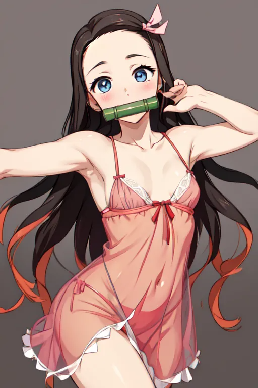 black_hair blue_eyes cute female nezuko_kamado sleepwear white_skin
ai_generated