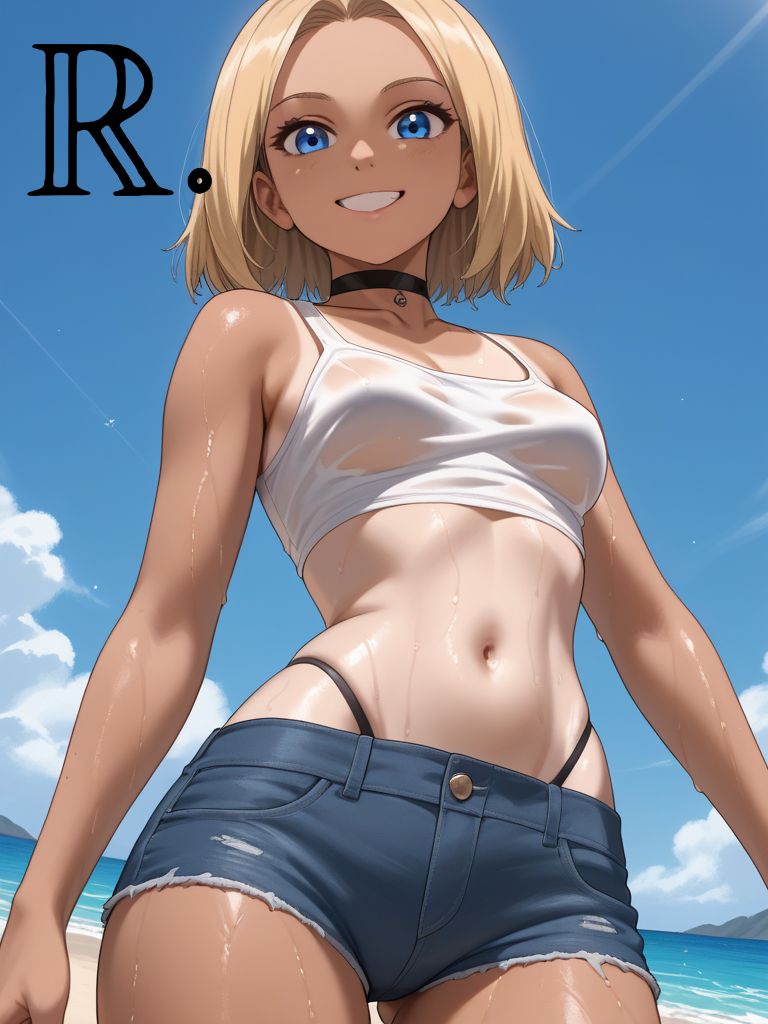 ai_generated ass big_ass big_thighs blonde_hair choker denim_shorts female front_view realor small_waist solo summer tan_body tanline