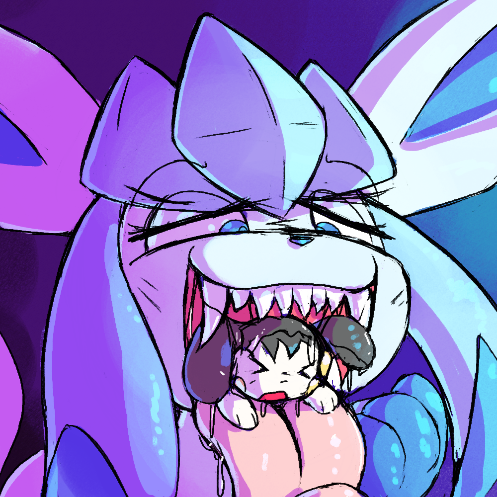 2024 ambiguous_gender black_body black_fur blue_body blue_ears blue_eyes blue_fur bodily_fluids canid drooling duo eeveelution emolga fur generation_3_pokemon generation_4_pokemon generation_5_pokemon glaceon lodetail mammal mawplay nintendo open_mouth pokemon pokemon_(species) saliva shaded sharp_teeth size_difference tassels teeth vore