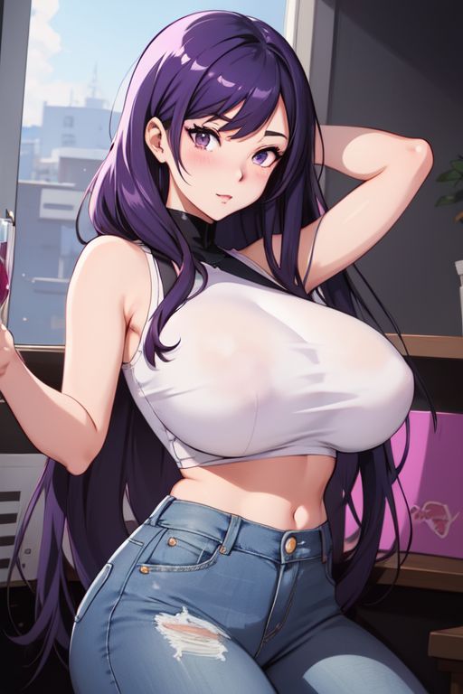 ai_generated black_hair crop_top first_porn_of_character kazuya_(oppaigoddess) large_breasts perchance_ai purple_hair wine_glass