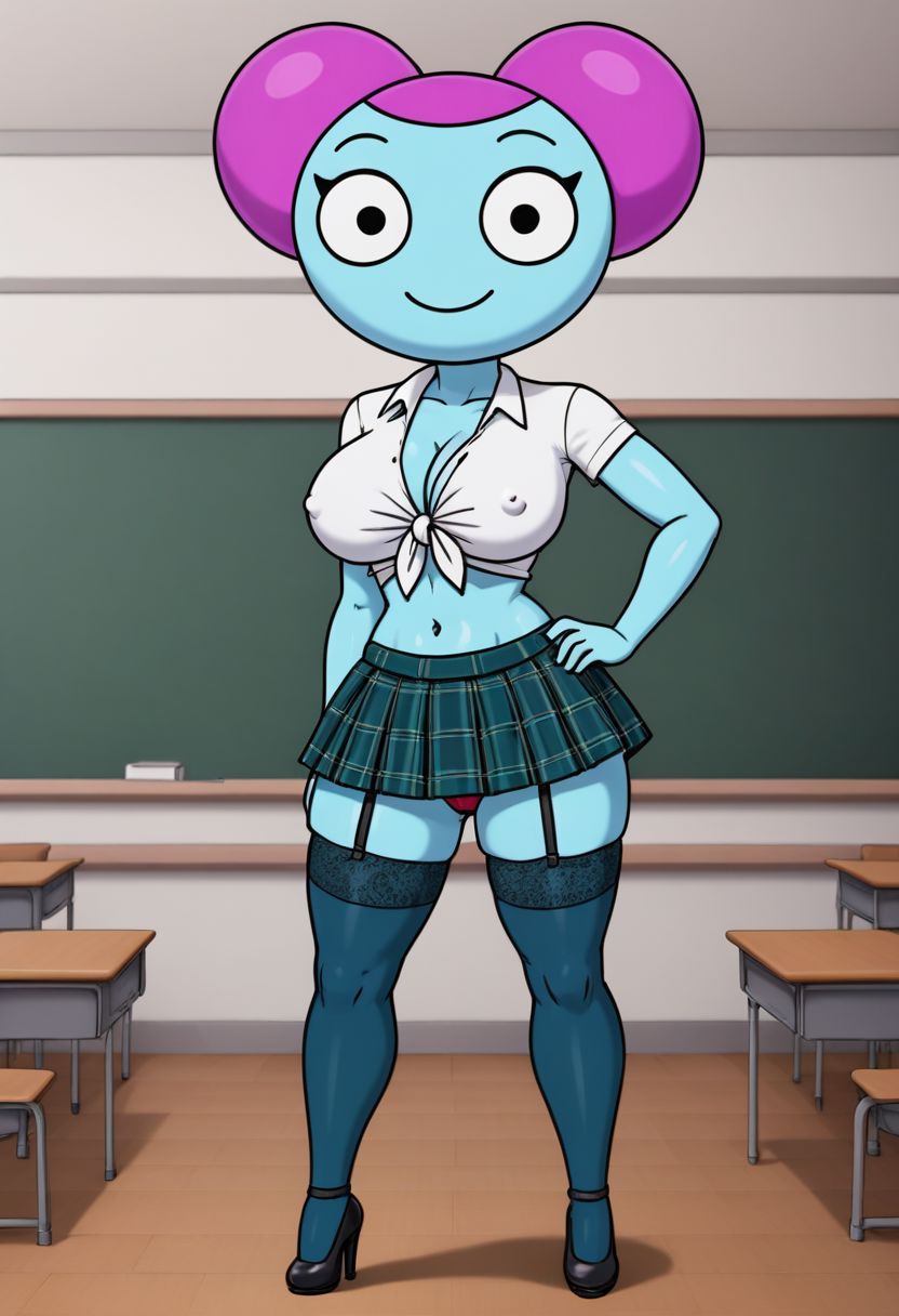 ai_generated blue_skin cleavage darklnbot003 high_heels huge_breasts learning_with_pibby pibby purple_hair school_uniform skirt thick_thighs thighhighs