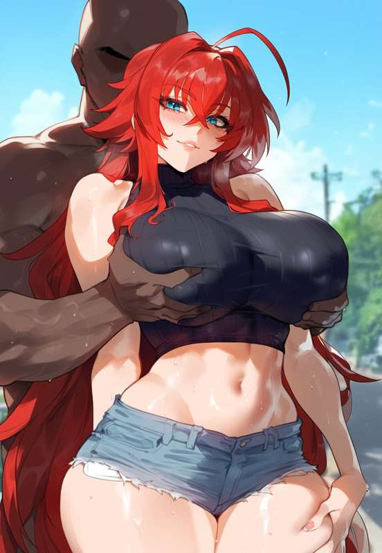 1boy, 1girls, ai generated, blue eyes, blush, dark skin, dark-skinned male, female, high school dxd, looking at viewer, male, navel, red hair, rias gremory