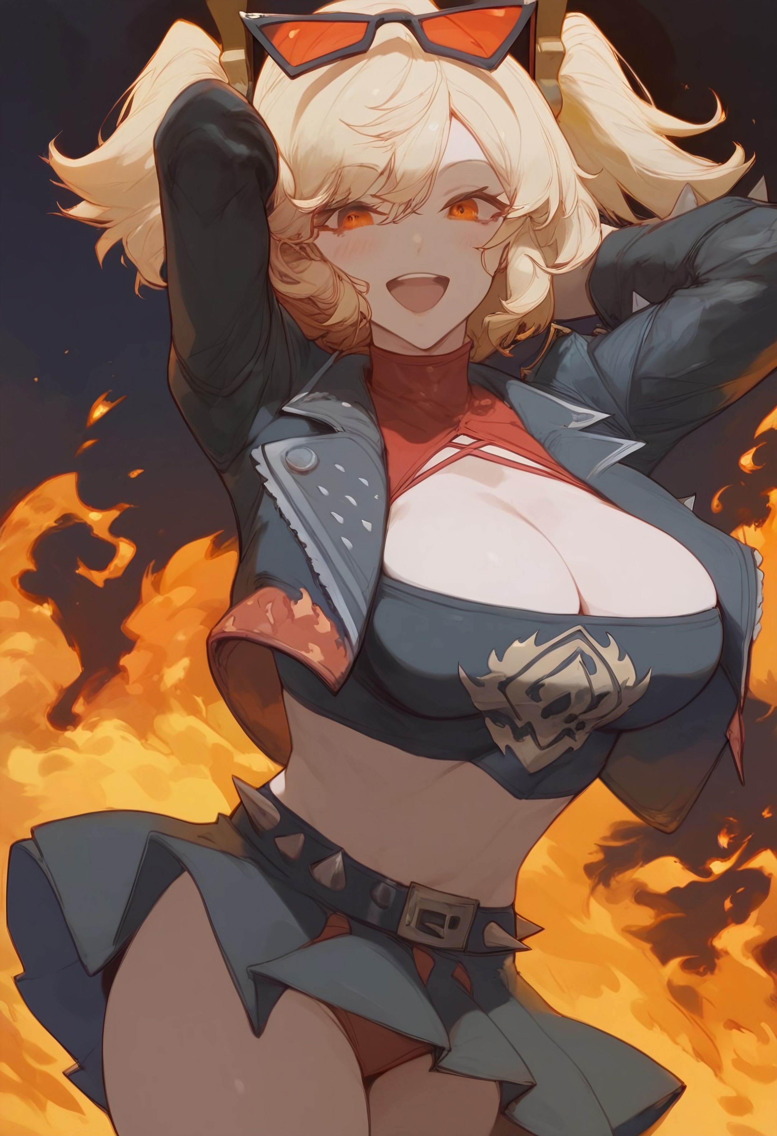 1girls, ai generated, blonde hair, blush, breasts, burnice white, civitai, cleavage, female, fire, happy, large breasts, open mouth, smile, yercyu, zenless zone zero