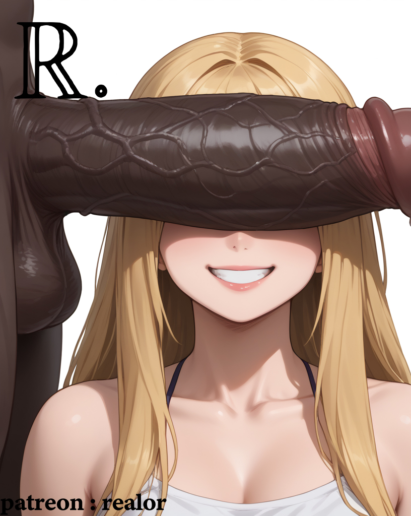 ai_generated big_penis blonde_hair dark-skinned_male female large_penis ntr patreon_username penis_on_face penis_over_eyes realor veiny_penis