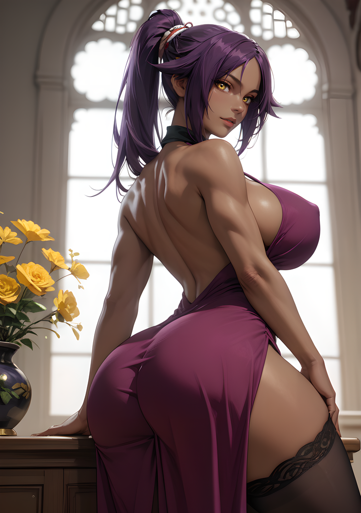 ai_generated big_ass big_breasts black_stockings bleach dark-skinned_female dress eogard_orc looking_at_viewer purple_hair self_upload shihouin_yoruichi stable_diffusion toned_female yellow_eyes