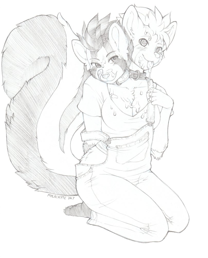 anthro arcturus breasts clothing collar cum female hybrid kneeling mammal multi_head overalls red_panda shirt skanderp skunk t-shirt