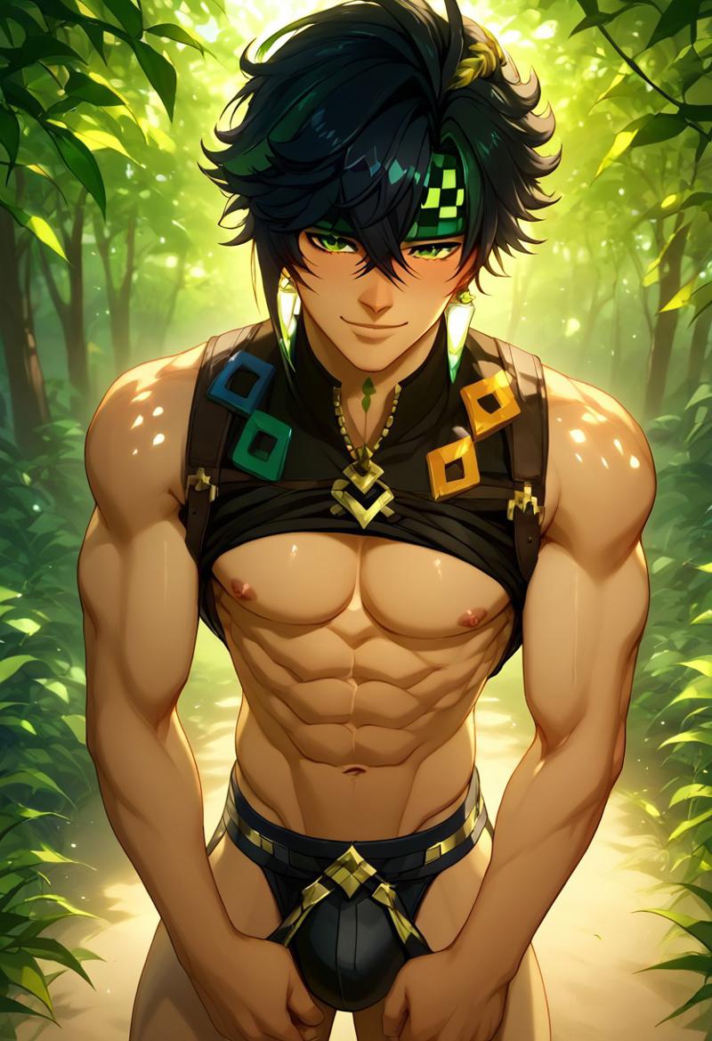 abs ai_generated biceps black_hair blush gay genshin_impact green_eyes jewelry jockstrap jockstrap_only kinich_(genshin_impact) looking_at_viewer male male_only muscular muscular_male smile toned_body toned_male twall97