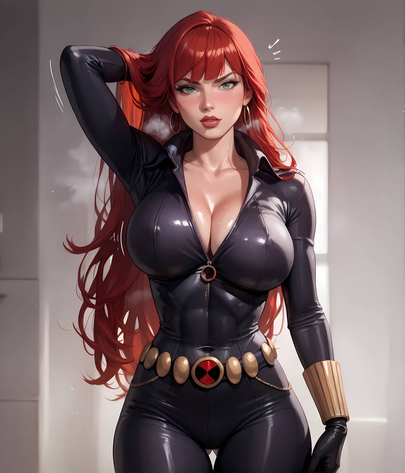 ai generated, black widow (earth's mightiest heroes), black widow (marvel), cleavage, covered nipples, female, marvel, marvel comics, nipple bulge, skin tight, tagme, the avengers: earth's mightiest heroes