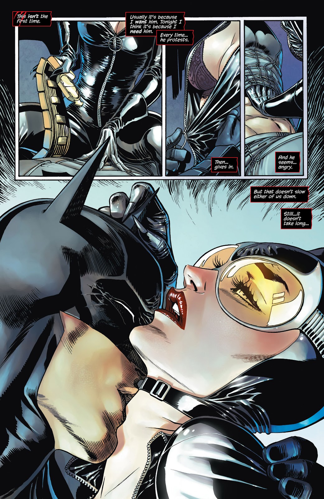 batman batman_(series) bruce_wayne catwoman comic curvy_female dc_comics female kissing lipstick male muscular_male selina_kyle support tight_suit