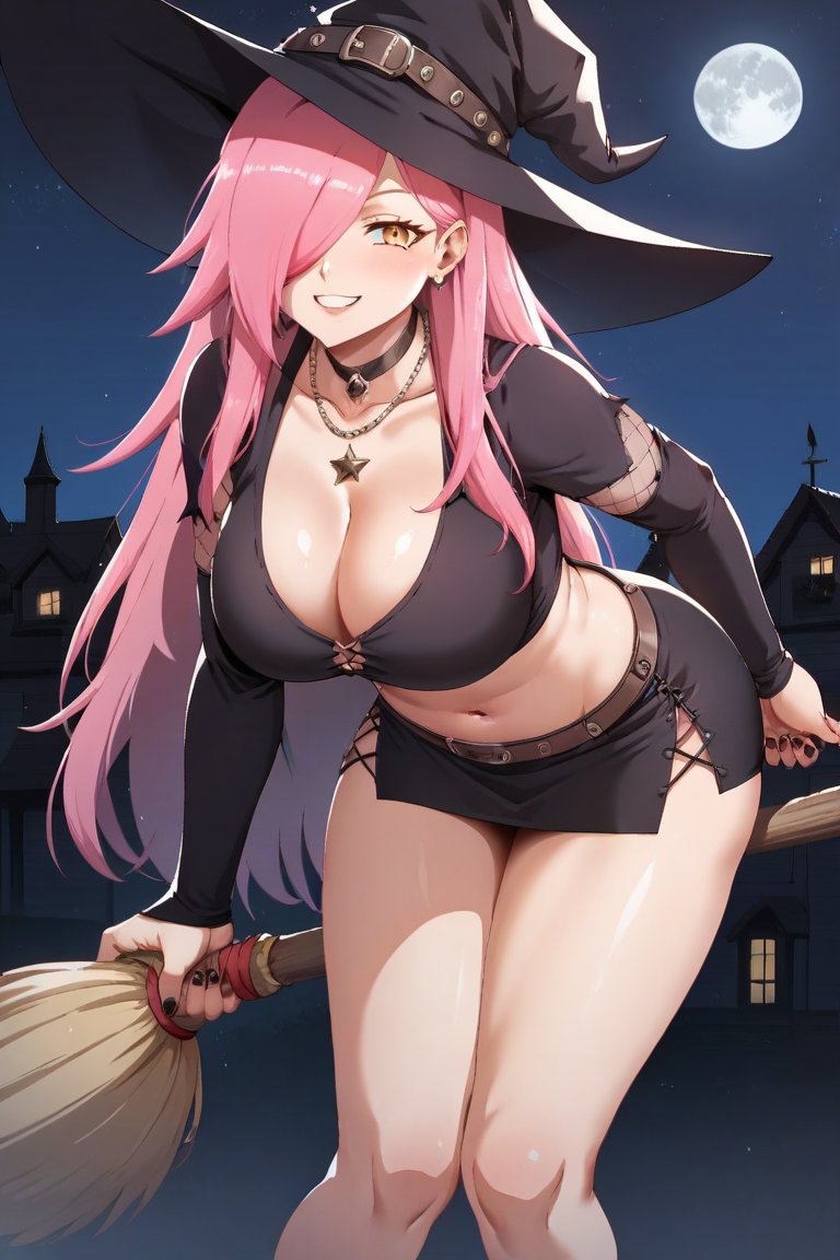 1girls breasts halloween halloween_costume long_hair looking_at_viewer night nude_female outdoors pink_hair public solo_female tagme thighs tupadrev4 virtual_youtuber witch witch_costume witch_hat yellow_eyes