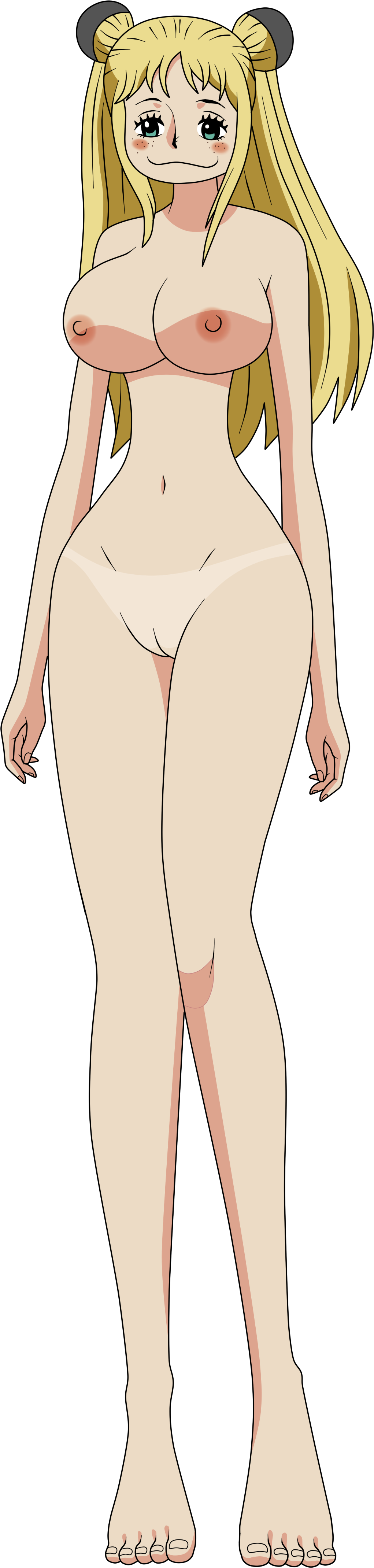 blonde_hair_female blush_stickers freckles freckles_on_face green_eyes hair_balls hairless_pussy lionprideart long_legs nude nude_female tanlines transparent_background vegapunk_york york_(one_piece)