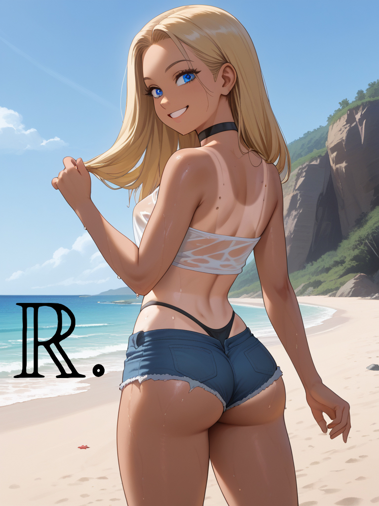 ai_generated ass big_ass big_thighs blonde_hair choker denim_shorts female realor rear_view small_waist solo summer tan_body tanline