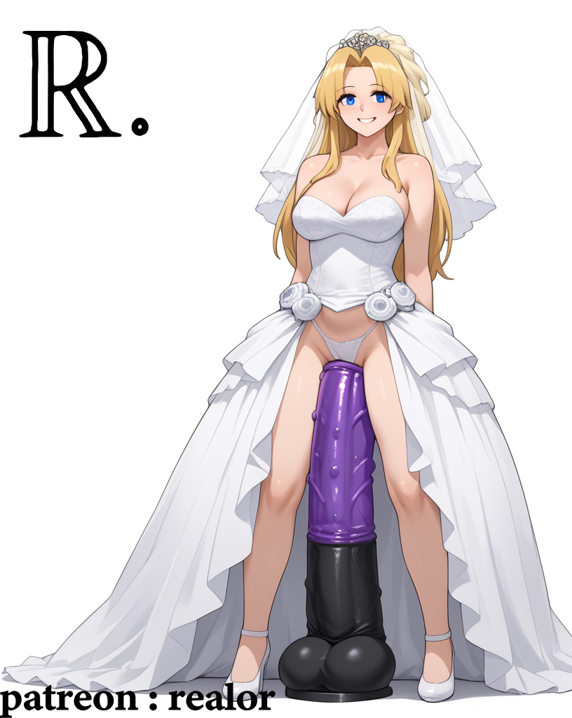 ai_generated big_dildo blonde_hair dildo female large_dildo long_dildo netorare ntr patreon_username photosession realor smile solo veiny_dildo wedding_dress