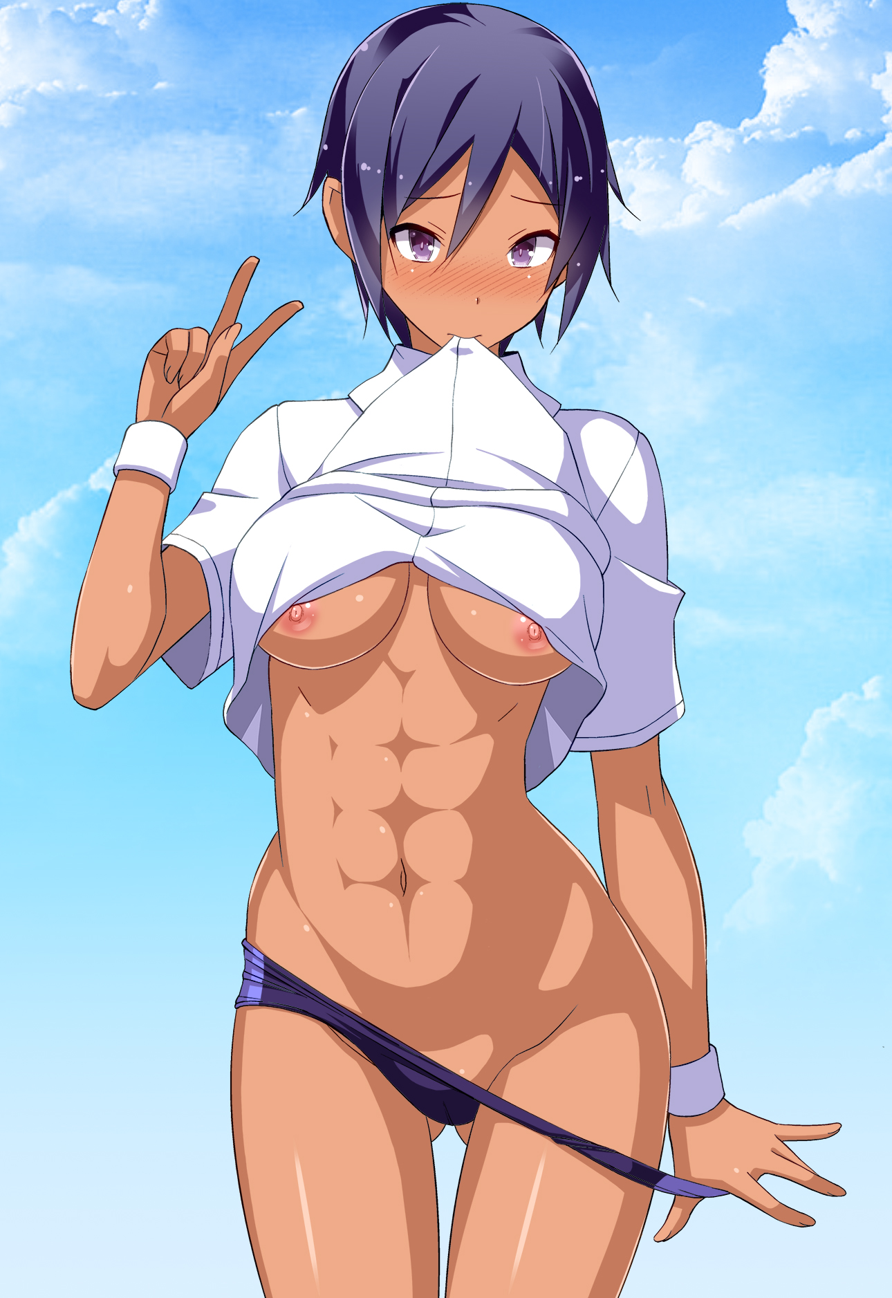1girls, abs, areolae, astroguy2, blush, breasts, dark skin, dark-skinned female, female, female only, highres, large breasts, looking at viewer, muscles, muscular, muscular female, navel, nipples, purple eyes, purple hair, shirt, shirt in mouth, shirt lift, short hair, shorts, shorts pull, solo, thigh gap, tomboy, wide hips