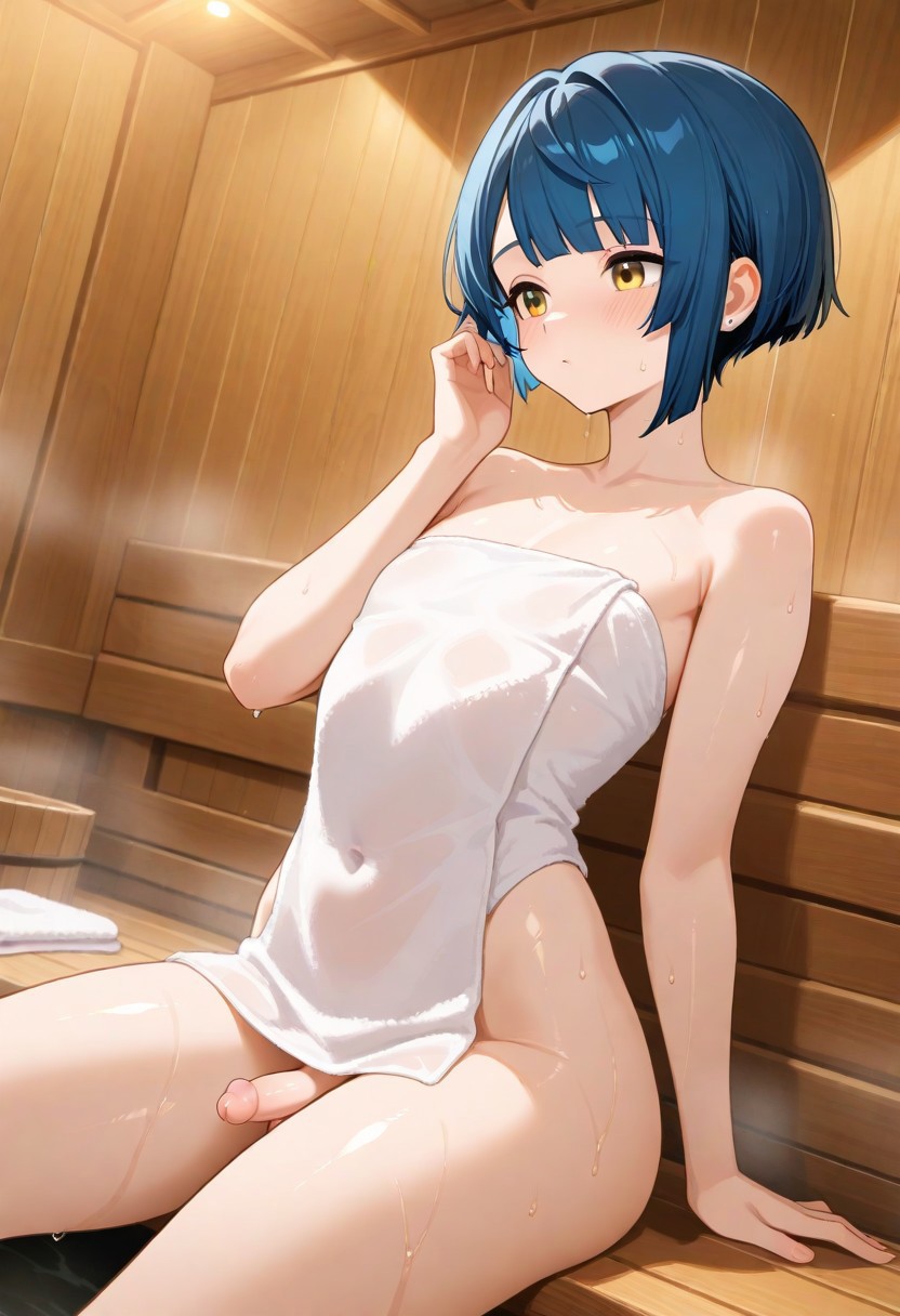 1boy, 1femboy, ai generated, alternate version available, blue hair, blush, digons, femboy, feminine male, genshin impact, girly, indoors, light-skinned male, male, male only, naked, naked towel, penis, sauna, sauna bench, solo, steam, steaming body, sweat, sweatdrop, thighs, towel, twink, xingqiu (genshin impact), yellow eyes