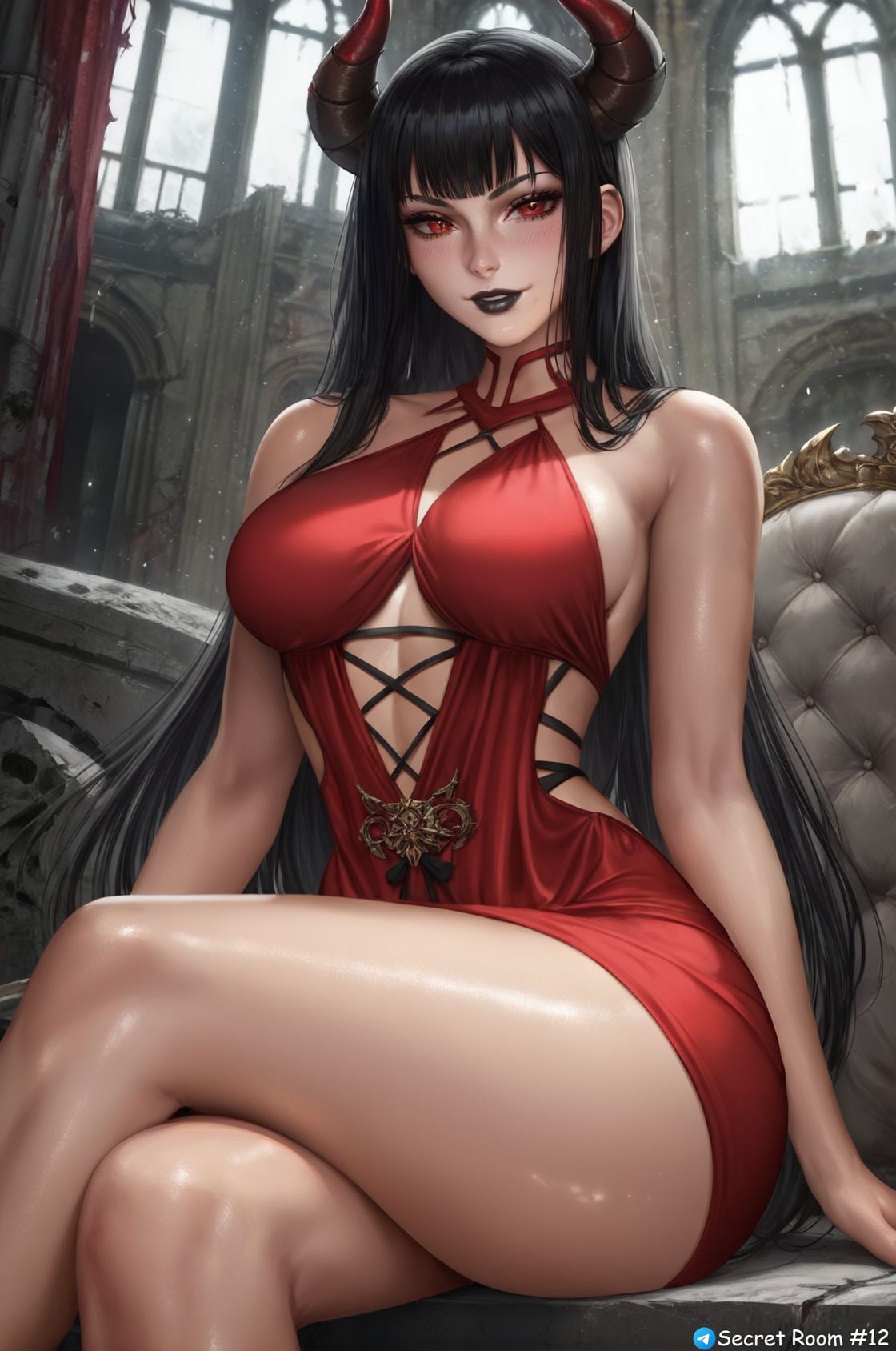 ai_generated big_hips black_hair black_lipstick demon_girl demon_horns dress female long_hair original_character red_dress red_eyes secret_room12 shiny_skin stable_diffusion