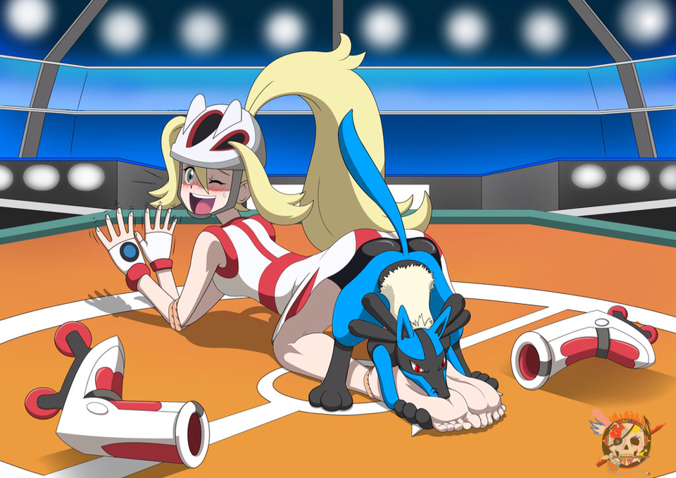 feet female foot_fetish foot_sniffing human korrina_(pokemon) laughing lucario open_mouth pokemon pokemon_(species) pokemon_xy pokephilia soles toes