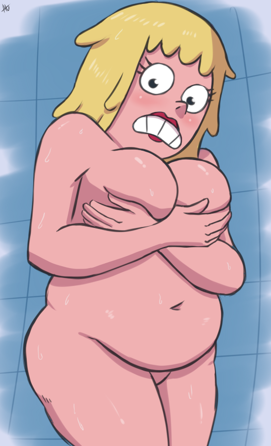 1girls big_breasts blonde_hair breasts canonical_scene chubby clarence covering_breasts embarrassed embarrassed_nude_female female female_only fupa lipstick looking_at_viewer mary_wendell milf nude short_hair shower solo thick_thighs wet wide_hips