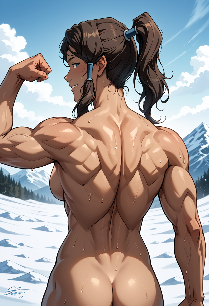 1girls ai_generated ass avatar_legends completely_naked completely_nude female flexing flexing_bicep flexing_muscles korra looking_at_viewer muscular muscular_back muscular_female naked nude outdoors outside sideboob smile snow the_avatar the_legend_of_korra water_tribe