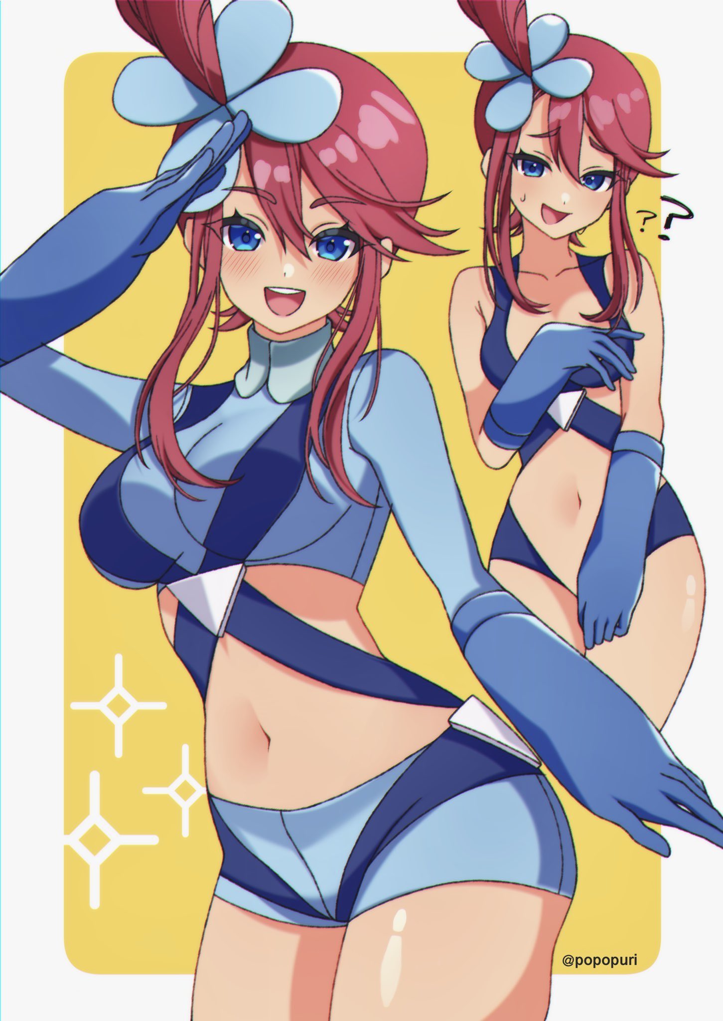 1girls breasts creatures_(company) embarrassed female game_freak highres large_breasts latina nintendo open_mouth pokemon pokemon_bw popo_(popopuri) red_hair skyla_(pokemon) solo