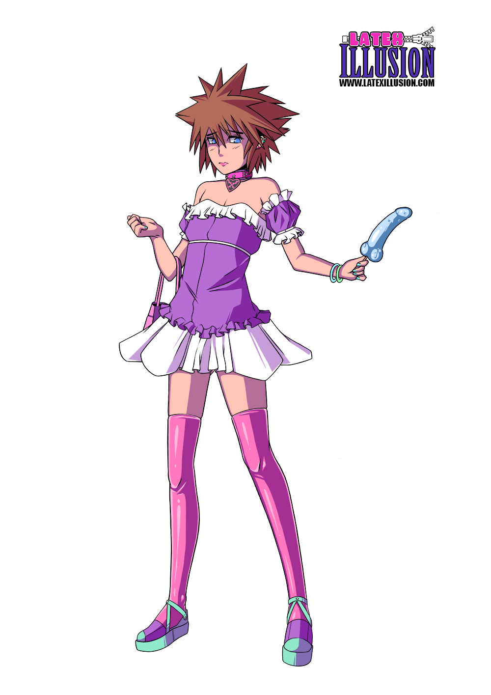 1boy 2d androgynous argrim blue_eyes brown_hair collar crossdressing dildo femboy girly handbag kingdom_hearts lipstick male_focus male_only nail_polish png purse sora sora_(kingdom_hearts) thighhighs transparent_background