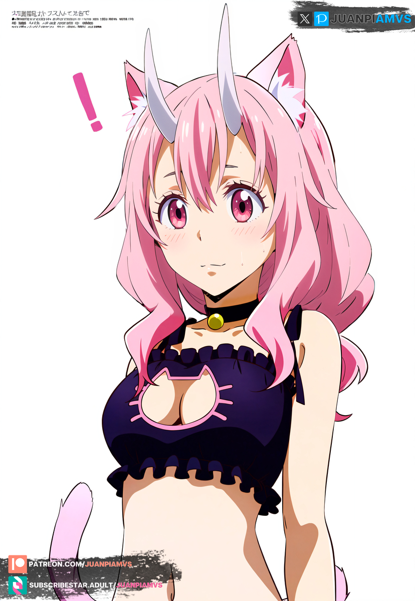 ai_generated blush cat_ears cat_tail catgirl collar dressed female horns juanpiamvs long_hair medium_breasts patreon patreon_username pink_eyes pink_hair shuna_(tensei_shitara_slime_datta_ken) standing subscribestar subscribestar_username tensei_shitara_slime_datta_ken watermark