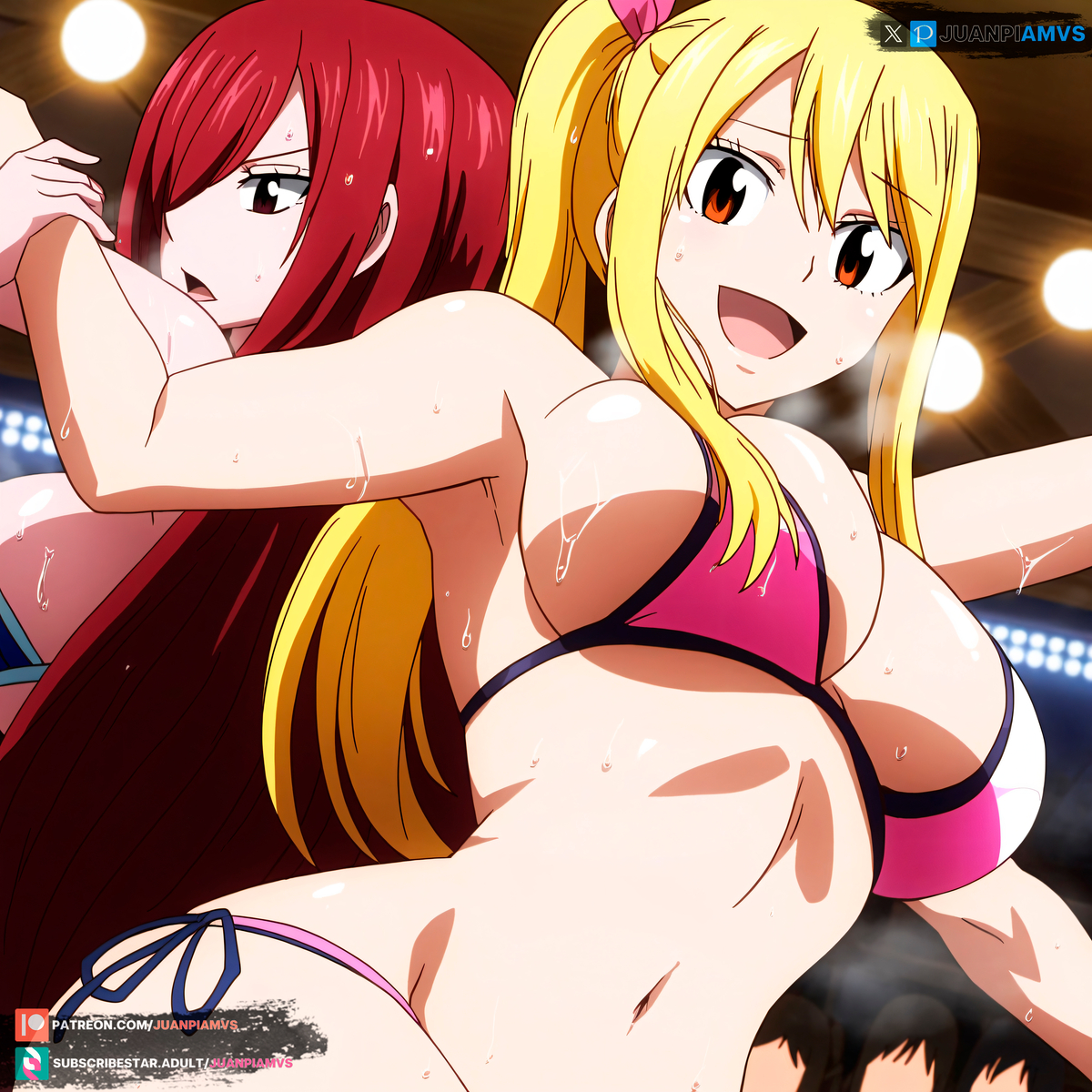 2girls, ai generated, ass, big ass, big breasts, bikini, blonde hair, blonde-haired female, breasts, brown eyes, curvy, curvy figure, erza scarlet, fairy tail, female, female only, grabbing, grabbing hand, juanpiamvs, long hair, looking at viewer, lucy heartfilia, lught, open mouth, patreon, patreon username, ponytail, public, red hair, red-haired female, smiling, subscribestar, subscribestar username, sweatdrop, watermark