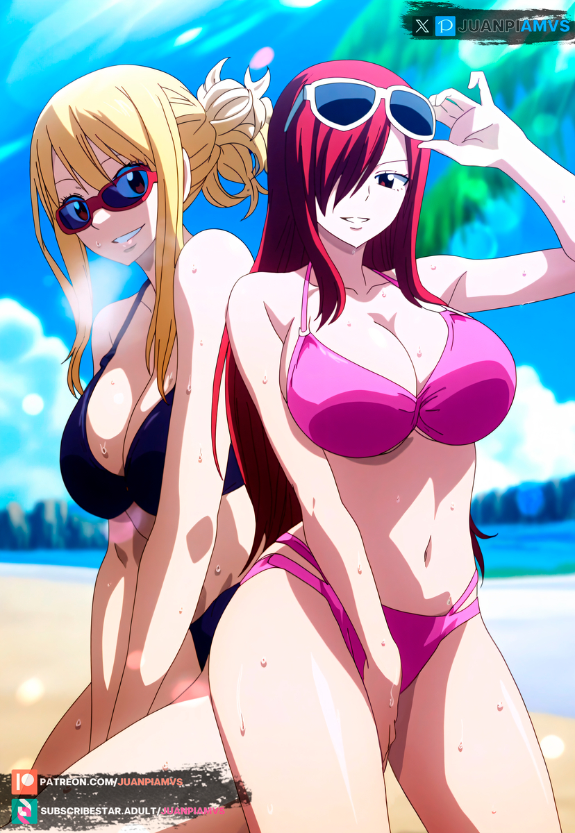 2girls, ai generated, ass, beach, big ass, big breasts, bikini, blonde hair, blonde-haired female, breasts, brown eyes, curvy, curvy figure, erza scarlet, fairy tail, female, female only, hand on head, juanpiamvs, long hair, looking at viewer, lucy heartfilia, palm tree, patreon, patreon username, red hair, red-haired female, sand, sea, seaside, smiling, standing, subscribestar, subscribestar username, sunglasses, sunglasses on head, sweatdrop, tied hair, watermark