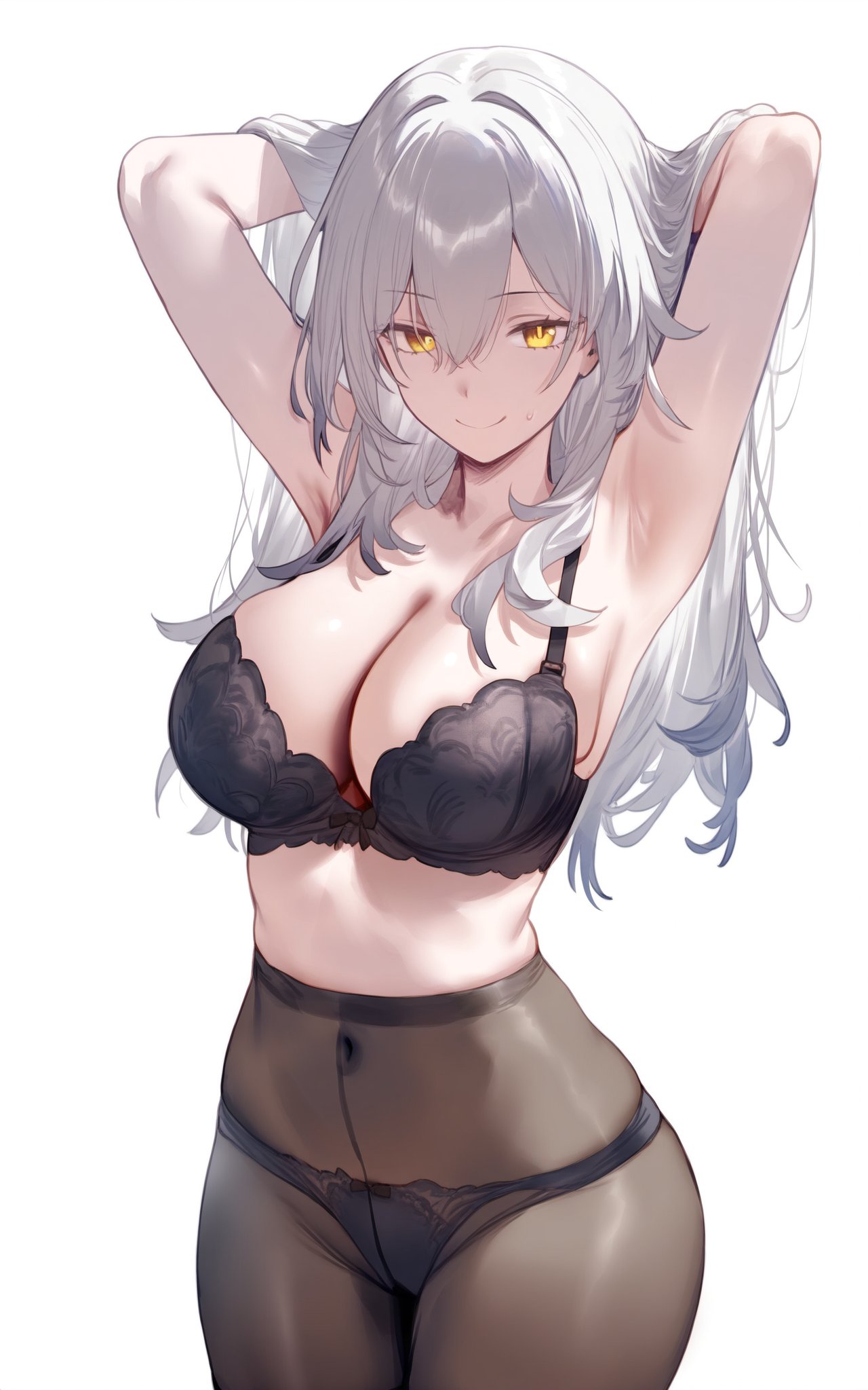 ai generated, armpits, arms up, ass visible through thighs, bare arms, bare shoulders, belly button visible through clothing, big breasts, black bra, black panties, black pantyhose, bra, breasts, cleavage, closed mouth, collarbone, female, grey hair, honkai: star rail, lace-trimmed bra, lace-trimmed panties, long hair, panties, panties under pantyhose, pantyhose, setsuaiart, smile, stelle (honkai: star rail), sweatdrop, thighs, underwear, yellow eyes