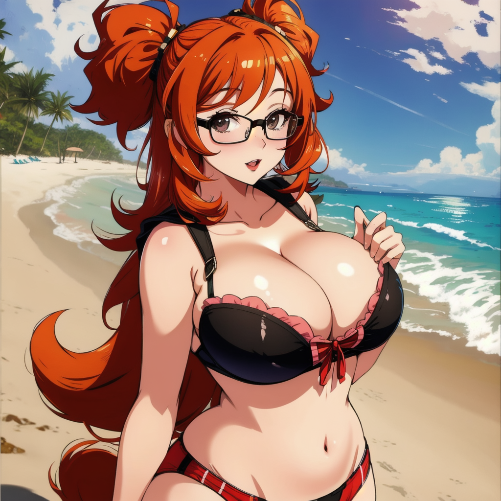 beach bikini dodylh glans happy huge_breasts red_hair saggy_breasts