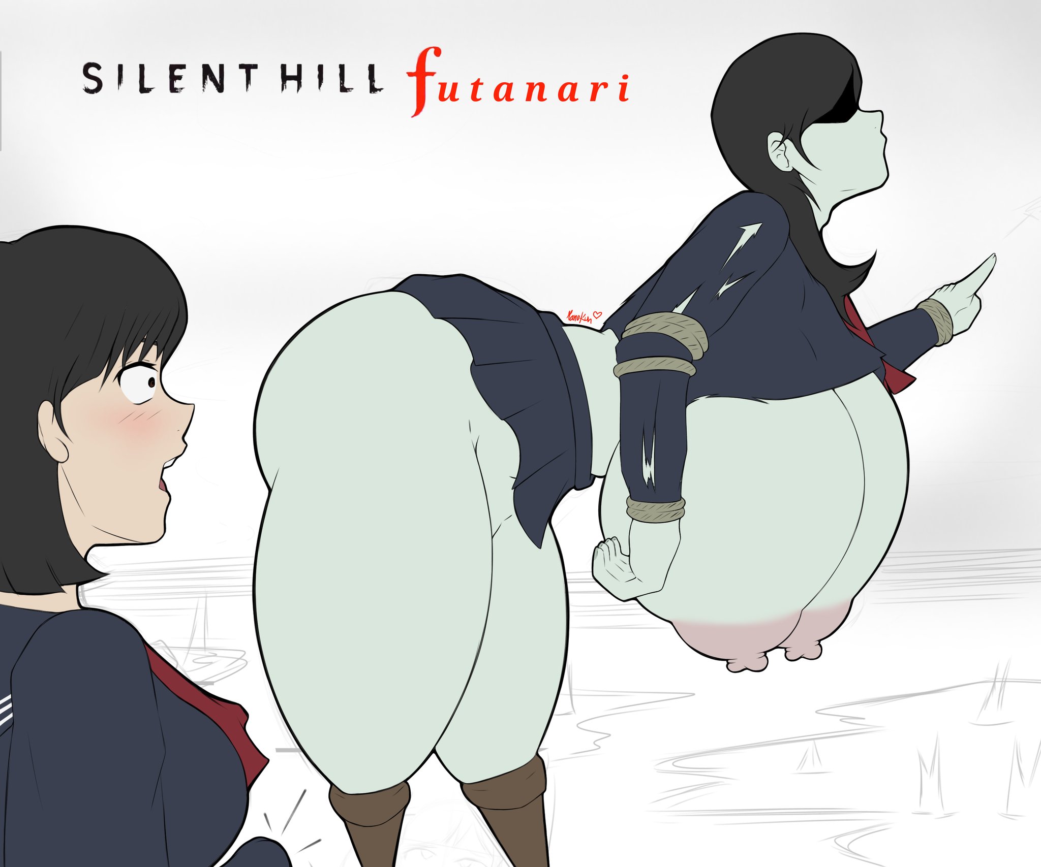 1futa, 1girl1futa, 1girls, asian, asking for it, ass up, ayakakashi, black hair, blush, breasts, erect penis, erection, erection under clothes, fat ass, fat thighs, female, futanari, hanging breasts, hinako shimizu, huge ass, huge breasts, human, intersex, jimiko, konami, lewd, long hair, looking at partner, manukun18, monster, monster girl, nipples, pale skin, penis, puffy nipples, scarecrow, school uniform, schoolgirl, schoolgirl uniform, short hair, silent hill, silent hill f, skirt, skirt up, thick, thick thighs, thighhighs, thighs, turned on, uniform